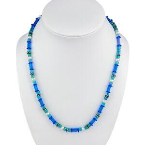 Blue Glass White Pearl Beaded Necklace | Vintage Sterling Silver 925 | 19"